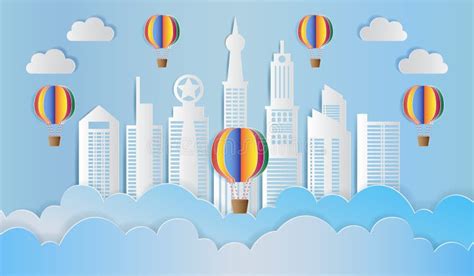 Skyscraper With Clouds And Colorful Balloons Modern City Skyline