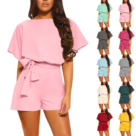 AGWOLF Bowknot Belt Jumpsuits for Women Short Sleeve Boat Neck One