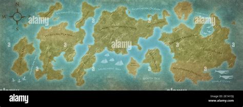 Fantasy Map Illustration Of A Mythical Land Stock Photo Alamy