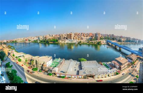 El Mansoura / Egypt - 7 Sep 2019 - Landscape panoramic view of river Nile in Mansoura city ...