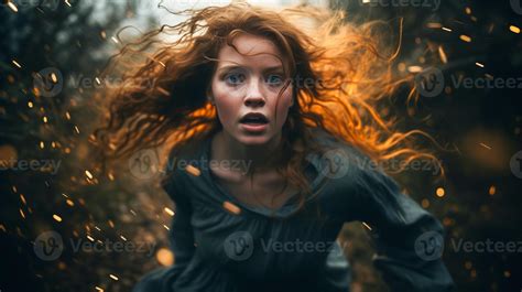 AI generated Startled woman running through forest with dynamic hair ...