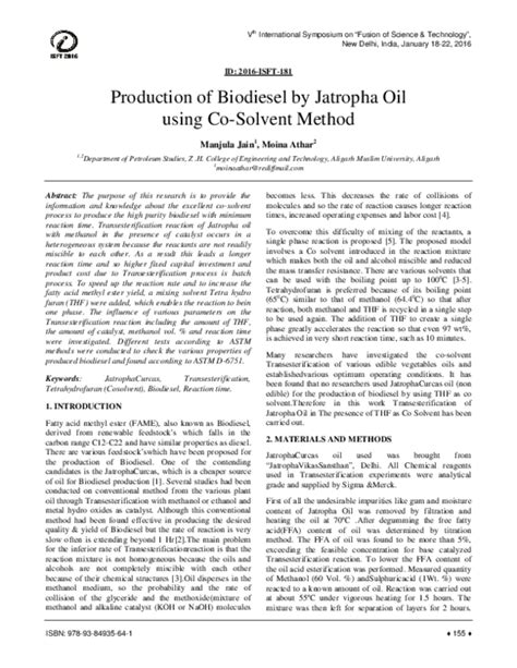 Pdf Production Of Biodiesel By Jatropha Oil Using Co Solvent Method