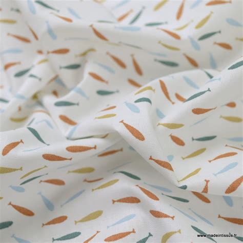 Tissu Cretonne Coton Allevins Motifs Petits Poissons Oeko Tex