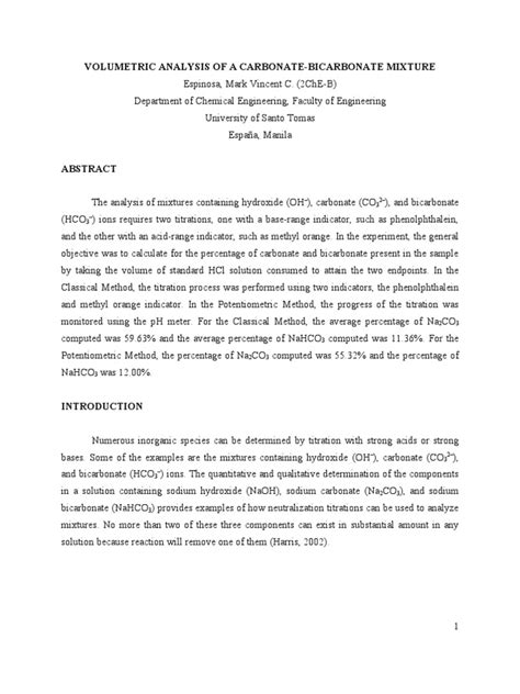 Volumetric Analysis Of A Carbonate Bicarbonate Mixture Pdf