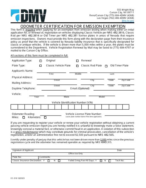 Form Ec 018 Download Fillable Pdf Or Fill Online Odometer Certification For Emission Exemption