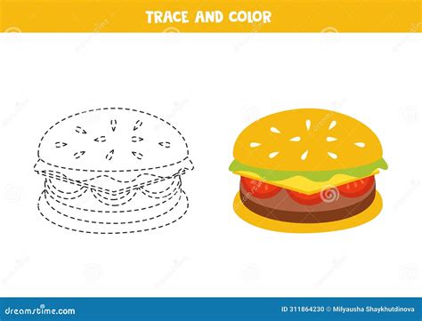 Trace And Color Cute Cartoon Burger Printable Worksheet For Children