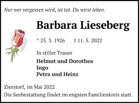 Traueranzeigen Von Barbara Lieseberg Trauer Nordkurier