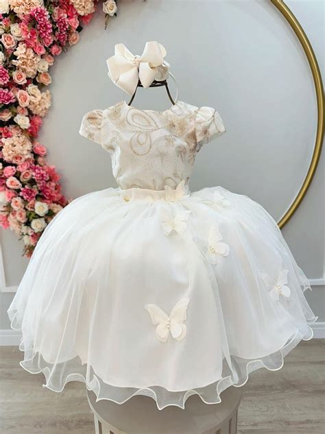 Vestido Infantil Off White C Renda Aplique Borboletas Damas Rosa