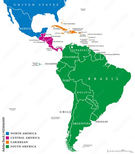 Latin America regions political map. The subregions Caribbean, North ...