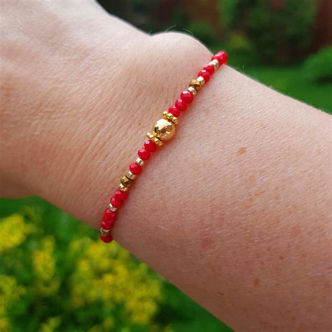 Tiny Red Crystal Stretch Bracelet Gold Fill 3mm Small Ruby Beaded