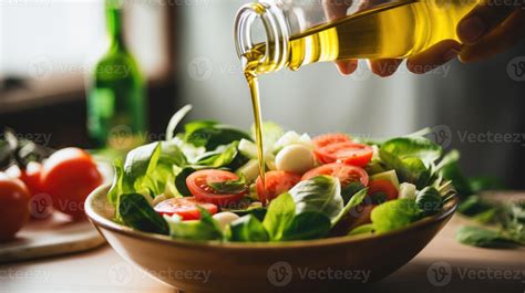 AI Generated Close Up Of A Person S Hand Pouring Olive Oil Into A Salad