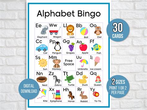 Picture Alphabet Bingo 30 Printable Alphabet Bingo Cards Abc