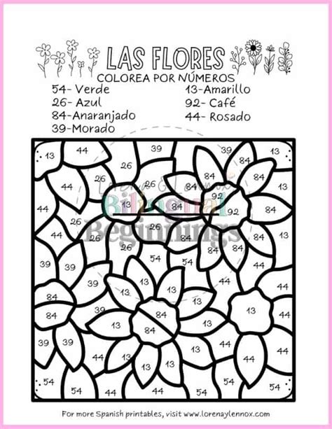 8 Flower Color By Number Coloring Pages for Kids (English and Spanish) - Bilingual Beginnings