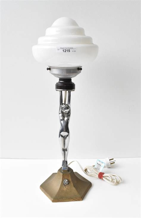 Bid Now Art Deco Diana Table Lamp Chrome With Milk Glass Stepped Shade And Gilt Metal Base