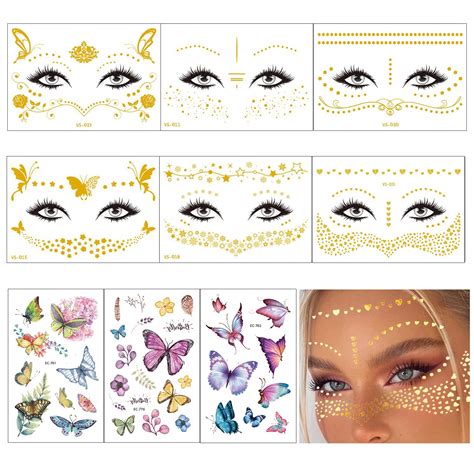 Temporary Face Tattoo Set - 9 Sheets, Metallic Glitter, Butterfly ...