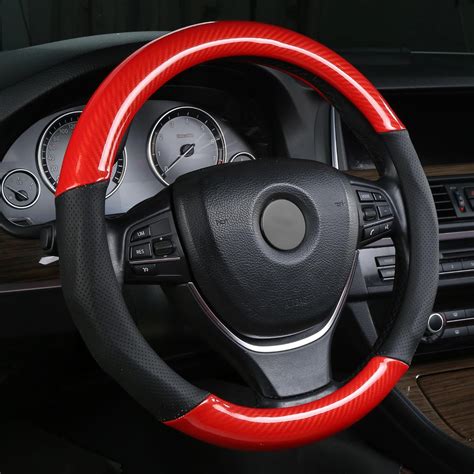 Amazon Alemodr Red Carbon Fiber Leather Steering Wheel Cover