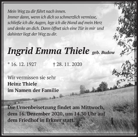 Traueranzeigen Von Ingrid Emma Thiele M Rkische Onlinezeitung