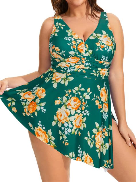 Chama Plus Size One Piece Swimdress With Briefs Flowy Side Tie Swimsuits Tummy Control