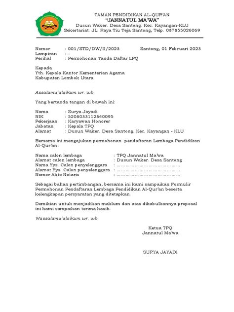 permohonan tanda daftar lpq