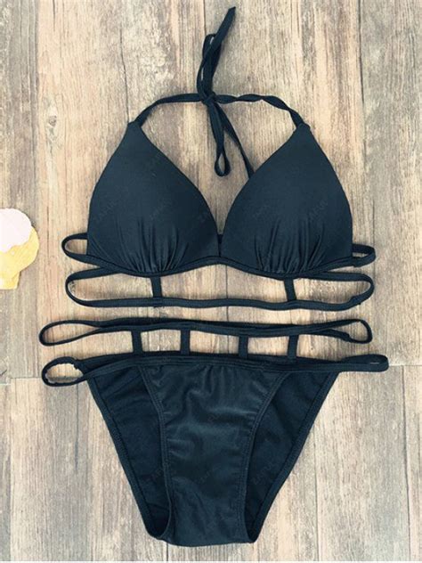 Off Halter Strappy Caged Bikini In Black Zaful