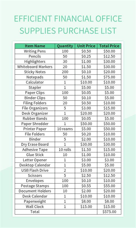 Efficient Financial Office Supplies Purchase List Excel Template And