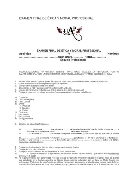 Examen Final De Ética Y Moral Profesional Moralidad Ética Profesional