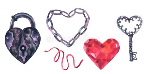 Watercolor Heart Shape Lock Chain And Key For Valentine S Day Design