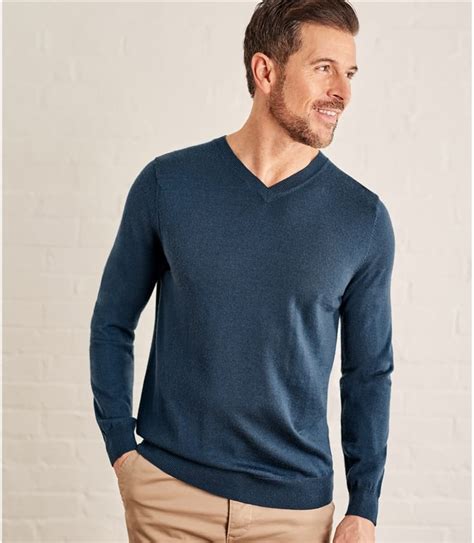 Deep Sea Blue Mens Luxurious Merino V Neck Jumper WoolOvers UK