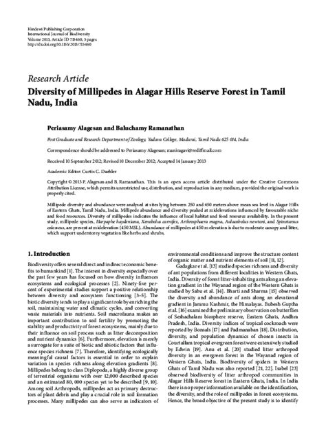 (PDF) Millipede Diversity in Alagar Hills, Tamil Nadu, India