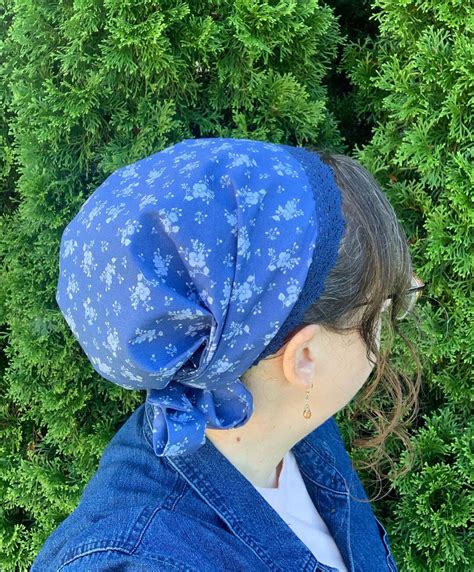 100 Cotton Blue Floral And Lace Full Coverage Snood Headcovering