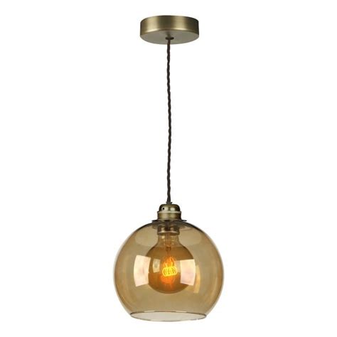 Single Ceiling Pendant In Antique Brass Amber Glass David Hunt