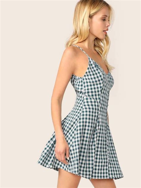 Shein Gingham Print Covered Button Front Cami Dress In 2022 Cami