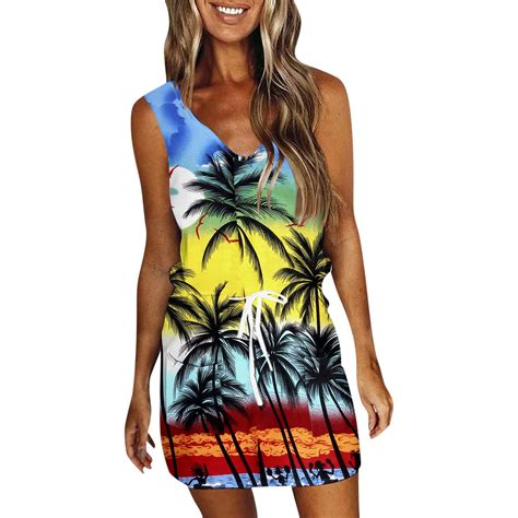 Knosfe Hawaiian Dress For Women Sleeveless Boho Tropical Casual Mini