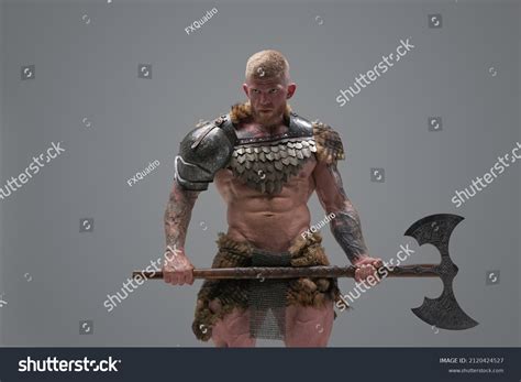 Dangerous Nordic Vandal Naked Torso Steel Stock Photo