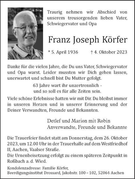 Traueranzeigen Von Franz Joseph K Rfer Aachen Gedenkt