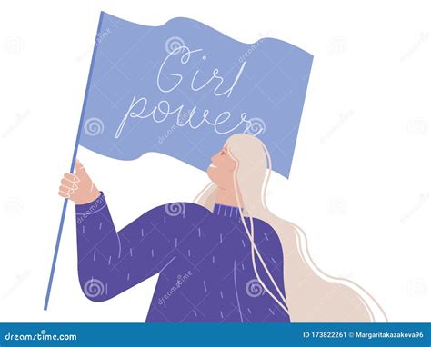 A Feminist Girl Holds A Flag That Says Girl Power Vector Illustration