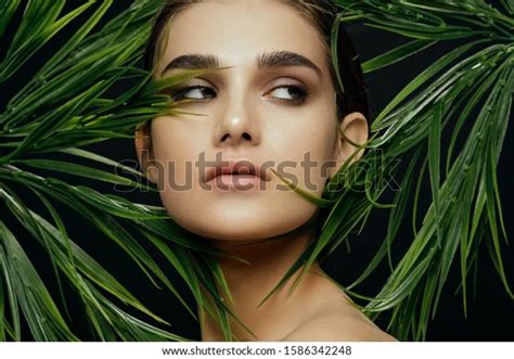 Beautiful Woman Naked Shoulders Palm Leaves Stock Photo Edit Now 1586342248