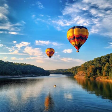 Hay Dos Globos Aerost Ticos Volando Sobre Un Lago Con Un Aire