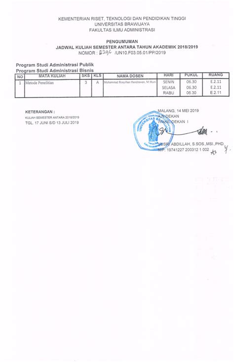 Tambahan Jadwal Kuliah Semester Antara SA T A 2018 2019 Program