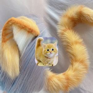 Handmade Ginger Cat Ears Tail Faux Fur Furry Striped Orange Cat Tail Kitten Ears Hairband ...