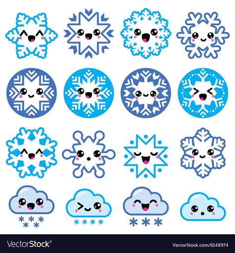 Kawaii Snowflakes Clouds With Snow Christmas Vector Image