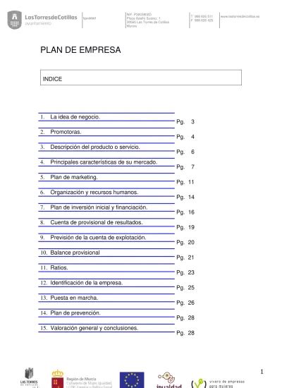 Plan De Empresa Indice La Idea De Negocio Pg Promotoras Pg