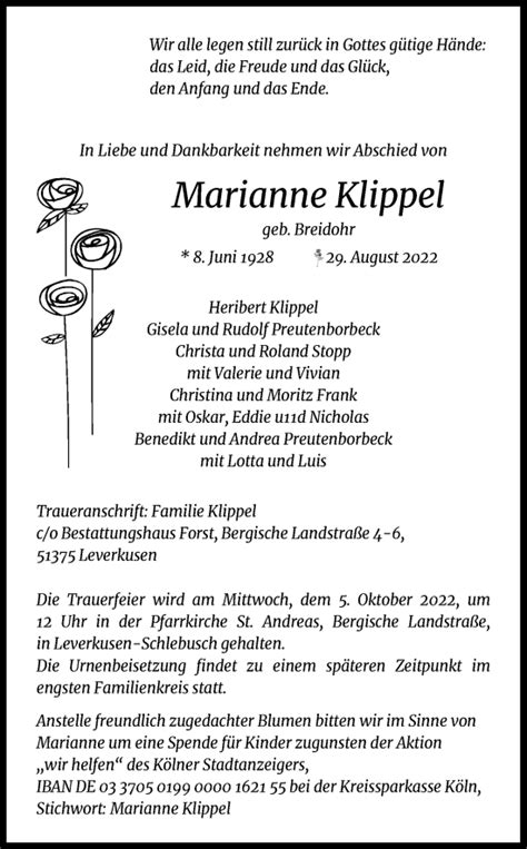 Traueranzeigen Von Marianne Klippel Wirtrauern