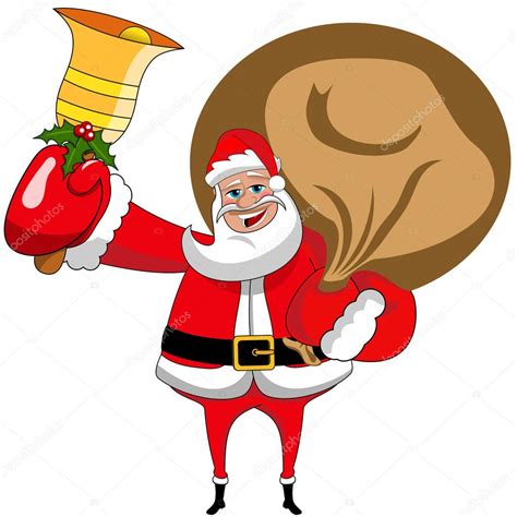 Caricatura Santa Claus Con Saco Y Timbre De Oro Campana De Navidad