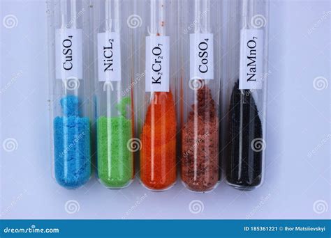 Colored Inorganic Salt Reagents In Test Tubes With Formulas Stock