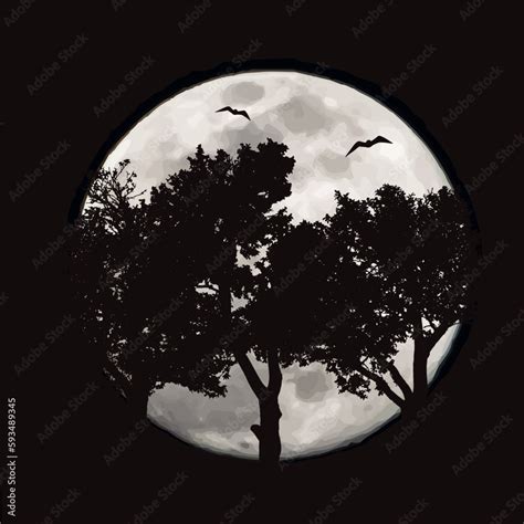 Vector silhouette of forest with moon background. Symbol of night ...