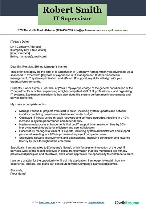 It Supervisor Cover Letter Examples Qwikresume