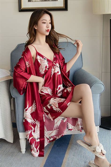 Print Robe Suit Women Silky 2pcs Sleep Set Kimono Bathrobe Gown Casual