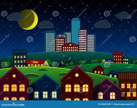 City and Suburbs on Hill at Night Stock Vector - Illustration of ...