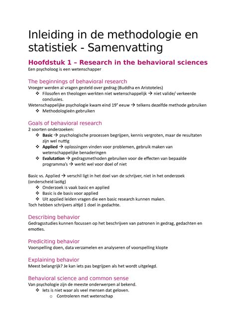 Inleiding In De Methodologie En Statistiek Samenvatting H1 Inleiding